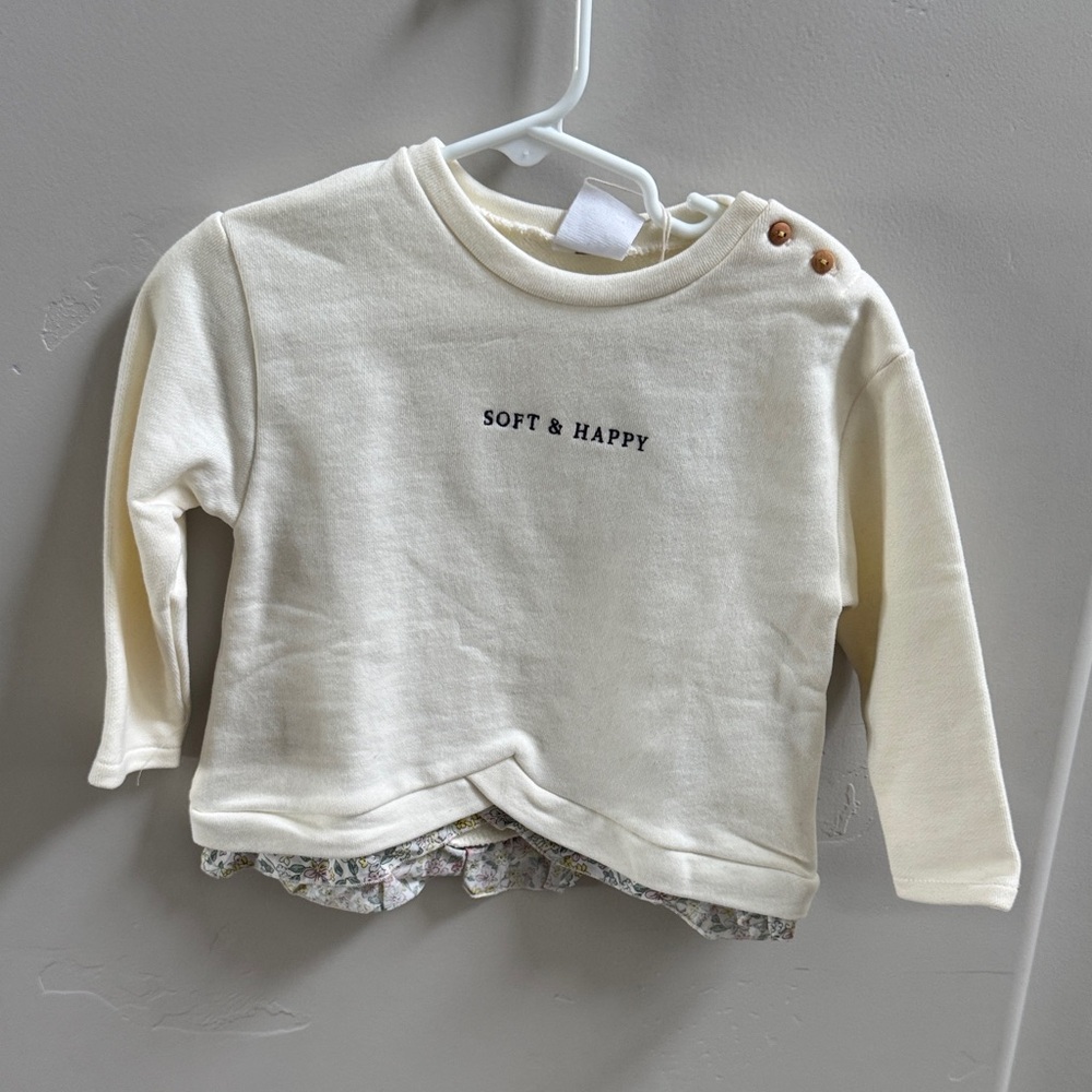 Zara Cream 'Soft & Happy' Long Sleeve Pullover with Floral Hem